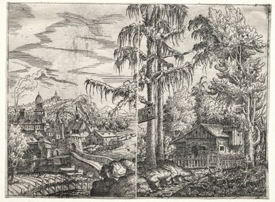 川沿いの町と樹々の間の小屋のある風景 作： Hanns Lautensack
