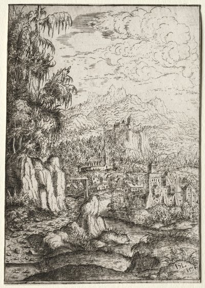 川の島の城への道のある風景、1554年。 作： Hanns Sebald Lautensack