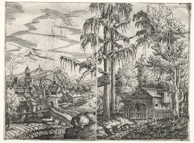 川沿いの町と木々の間のコテージのある風景、1551年。 作： Hanns Sebald Lautensack