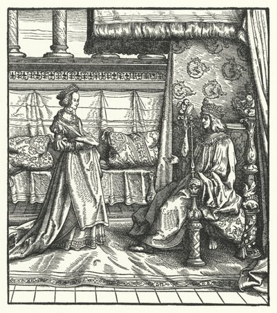 1477年に後の神聖ローマ皇帝マクシミリアン1世と結婚した娘メアリーと一緒にいるブルゴーニュ公シャルル1世（エングレーヴィング 作： Hans (after) Burgkmair