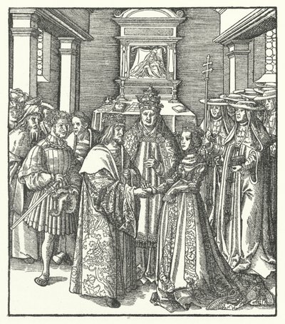 ローマで行われた神聖ローマ皇帝フリードリヒ3世とポルトガルのエレアノールの結婚を司会する教皇ニコラス5世 作： Hans (after) Burgkmair
