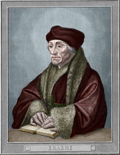 オランダの人文主義者、ディディエ・エラスム（ロッテルダムのエラスムス）（1469 - 1536）の肖像。Holbein Hans the Young (1497-1543) の原画をもとにしたエングレーヴィング。1859年にアルマンゴーが描いた「ヨーロッパの画廊-イタリア」に掲載されたエングレーヴィング。個人蔵。 作： Hans (after) Holbein the Younger