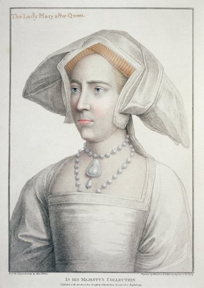 フランチェスコ・バルトロッツィ（1727-1815）が1796年に彫った「王妃後のメアリー」（1516-58）の肖像（エングレーヴィング）。 作： Hans (after) Holbein the Younger