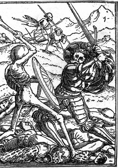 若き日のハンス・ホルベイン（1497-1543）の死の模倣：兵士。兵士は「死」と戦い、その足元には他の戦士の遺体が横たわっている。エングレーヴィングです。 作： Hans (after) Holbein the Younger