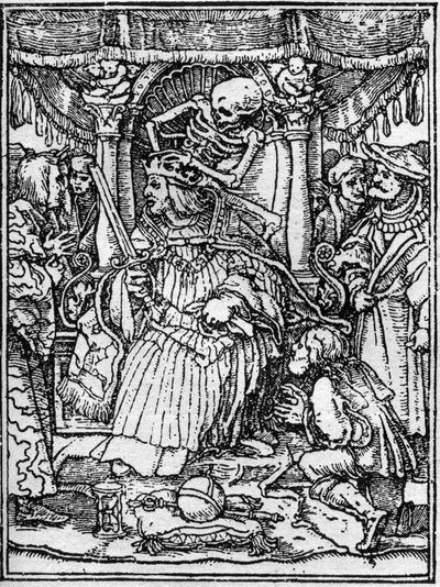 若き日のハンス・ホルベイン（1497-1543）の死のシミュラコン：皇帝のこと。死が皇帝の冠を奪う一方で、農民が正義を乞う。エングレーヴィングです。 作： Hans (after) Holbein the Younger