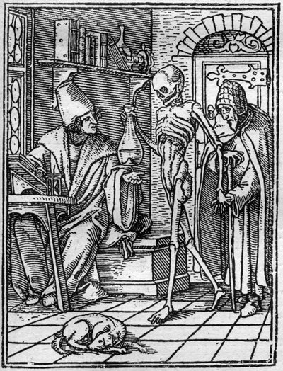 若き日のハンス・ホルベイン（1497-1543）の死のシミュラコン：医者。医者と患者の間に死が訪れる。エングレーヴィング。 作： Hans (after) Holbein the Younger