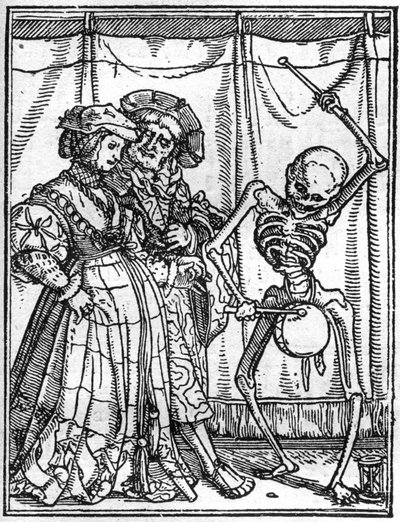 若き日のハンス・ホルベイン（1497-1543）の死のシミュラコン：夫たち。死は夫婦の前でドラムを演奏する。エングレーヴィング。 作： Hans (after) Holbein the Younger