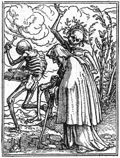 若き日のハンス・ホルベイン（1497-1543）の死のシミュラコン：老い。死は老婦人を運命に同行させる。エングレーヴィング。 作： Hans (after) Holbein the Younger
