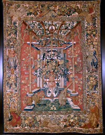 Tapeçaria flamenga. Série grotescos com macacos: macacos atirando com um arcabuz. Cartunista Hans Vredeman de Vries (?). Atelier Seger Bombeck, Bruxelas. 1542-1560. 作： Hans (after) Vredeman de Vries
