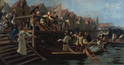 魚市場での入札、ベルゲンの三角地帯 (キャンバスに油彩) 作： Hans Andreas Dahl