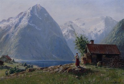フィヨルドの風景の中の少女（キャンバスに油彩） 作： Hans Andreas Dahl