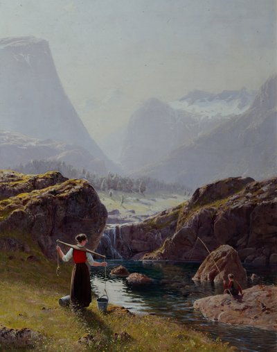 水の入ったバケツを持つ少女と釣りをする少年 (キャンバスに油彩) 作： Hans Andreas Dahl