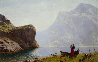 フィヨルド銀行の女性と子供（キャンバスに油彩） 作： Hans Andreas Dahl