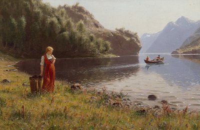 フィヨルドの風景の中の女性（キャンバスに油彩） 作： Hans Andreas Dahl