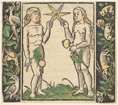 アダムとイブが星を保持している、ロザリオマリアのレゾリュートガーデンのイラスト。 作： Hans Baldung