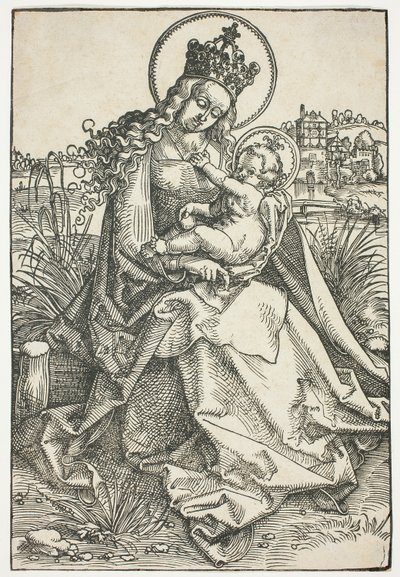 芝生のベンチに座るマドンナと子供 作： Hans Baldung Grien
