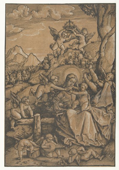 風景の中に 8 人の天使がいるマリアと子供 作： Hans Baldung Grien