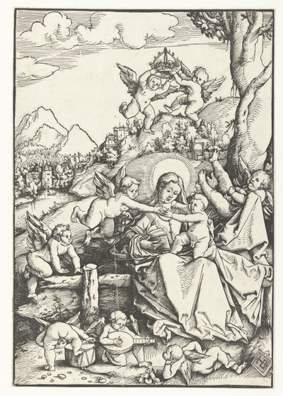 風景の中に 8 人の天使がいるマリアと子供 作： Hans Baldung Grien