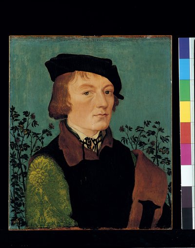 バラの生け垣の前の男の肖像（木に油彩） 作： Hans Baldung Grien