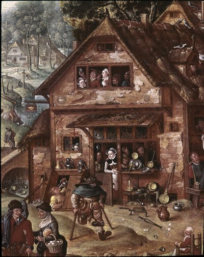 バーレスクのシーンがある村の眺め。居酒屋の詳細 作： Hans Bol