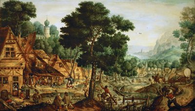 フラマン村 - フランドルの村の生活 - ハンス・ボル（1534-1593）。1562年頃、木に油彩。寸法：49,5x83,8 cm。美術史博物館、ヴィエンヌ 作： Hans Bol