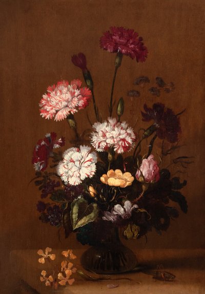 カーネーション、バラ、シクラメンの静物、グラスホッパーのある石の棚の上のガラスの花瓶 作： Hans Bollongier