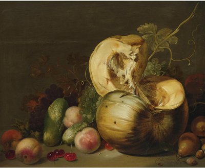 カボチャ、桃、ブドウ、サクランボ、その他の果物のある静物画 作： Hans Bollongier