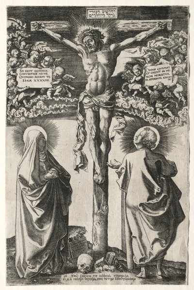 聖母と聖ヨハネの間の十字架上のキリスト、1542年。 作： Hans Brosamer