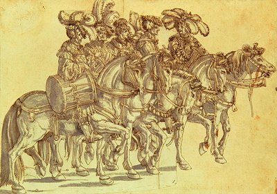 馬上の五人の鼓手」 1500年頃 （紙にペン、インク、ウォッシュ） 作： Hans Burgkmair
