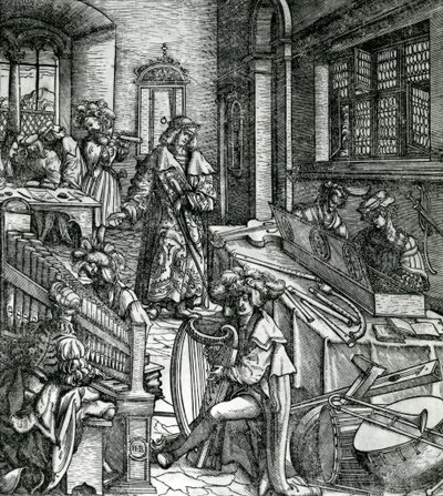 彼の皇帝マクシミリアン1世を称賛した小説「Der Weisskunig」からの音楽の歴史 作： Hans Burgkmair