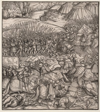 フランスの王が彼の領土でどのようにフォイライセンの王と戦争をしたか、そしてどのようにフォイライセンの王が戦いで死んだか 作： Hans Burgkmair