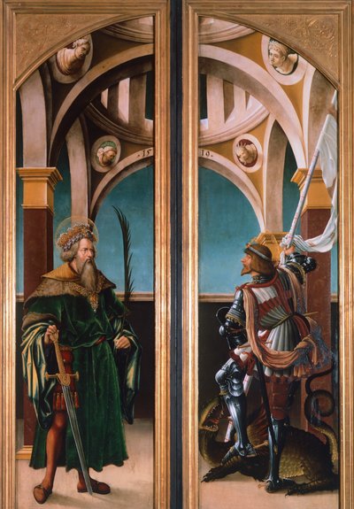 聖ジギスムントと聖ゲオルギウス 磔刑の三連画の扉の細部 作： Hans Burgkmair