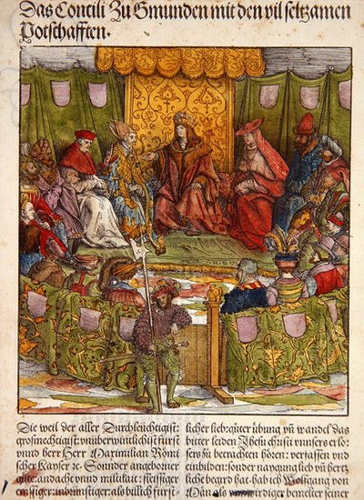 重要な外国人訪問者を迎えたグムンデンの議会、『Der Weisskunig』より、1515年頃（手彩色木版画 作： Hans Burgkmair