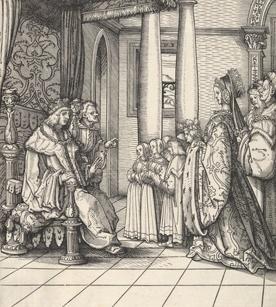 1514〜16年にデルワイスクニッヒから娘マーガレットとフィリップ王の子供たちを受け入れる白い王 作： Hans Burgkmair