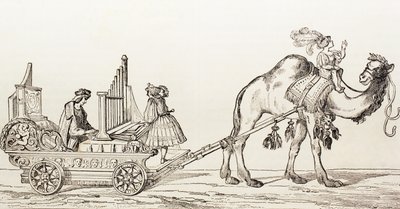 1880年にバルセロナで出版された &39;El Mundo Ilustrado&39;から、ラクダが描いた馬車で演奏するオルガン奏者Paul Hofhaimer。 作： Hans Burgkmair