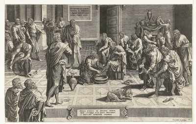 Christ wast de voeten van de discipelen すべての主は、彼のしもべたちの足を洗うためにひざまずいてひれ伏します。 作： Hans Collaert (I) (attributed to)