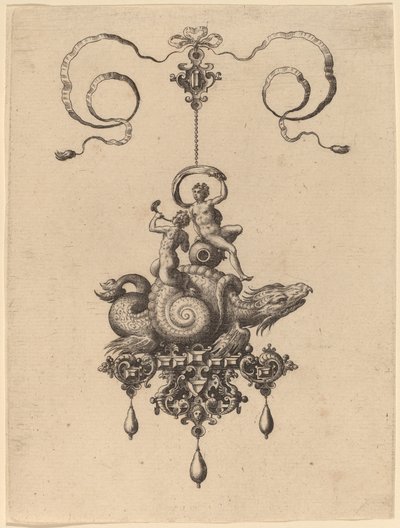 トリトンを運ぶ貝殻の中の海の怪物と帆を持つ女性のペンダントのデザイン 作： Hans Collaert the Elder