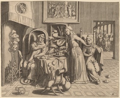 修道院長と僧侶の間の好色な修道女 作： Hans Collaert the Elder