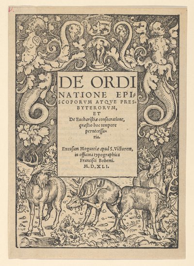 3 頭のスタッグと 1 頭のハインドのタイトル ボーダー、16 世紀初頭。 作： Hans Cranach
