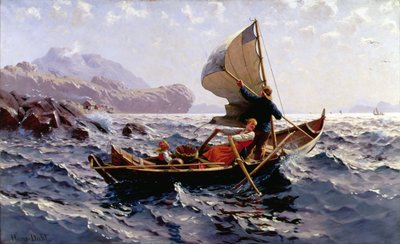 ベルゲン近くのノルウェーの漁船（キャンバスに油彩） 作： Hans Dahl