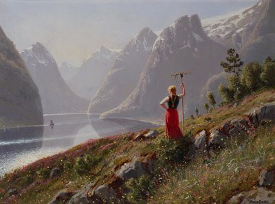 フィヨルドの風景に熊手を持つ少女 作： Hans Dahl