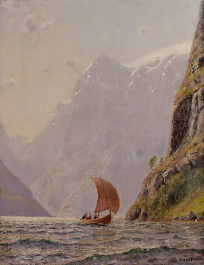 フィヨルドでのセーリング（キャンバスに油彩） 作： Hans Dahl