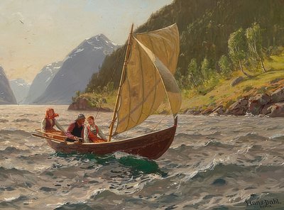 ノルウェーのフィヨルド風景でのセーリング 作： Hans Dahl