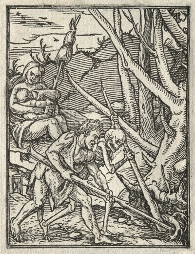 死のダンス：楽園からの追放。 土を耕すアダム 作： Hans Holbein