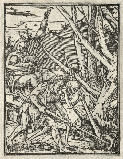 死のダンス：楽園からの追放、地面を耕すアダム。 作： Hans Holbein