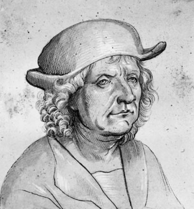 右側の 4 分の 3 の横顔の金細工師 Jörg Seld の肖像 作： Hans Holbein d.Æ.