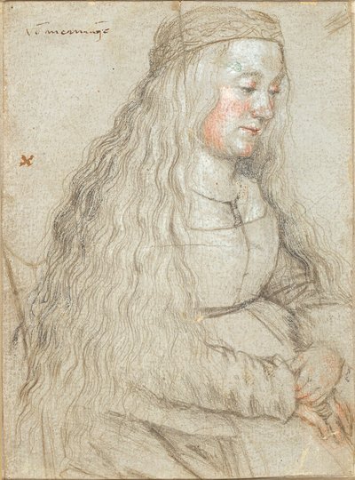 流れるような髪とカチューシャで座っている花嫁 作： Hans Holbein d.Æ.