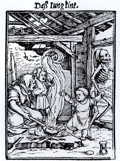 ハンス・ルツェルバーガーによって彫刻された「死のダンス」シリーズからの子供をとる死、1526年頃 作： Hans Holbein der Jüngere