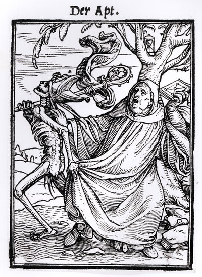 ハンス・ラッツェルバーガーによって刻まれた「死のダンス」からの死とアボット、1538年頃 作： Hans Holbein der Jüngere