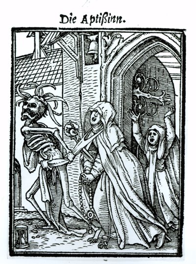 ハンス・ラッツェルバーガーが刻んだ「死のダンス」の死と修道院長、1538年頃 作： Hans Holbein der Jüngere